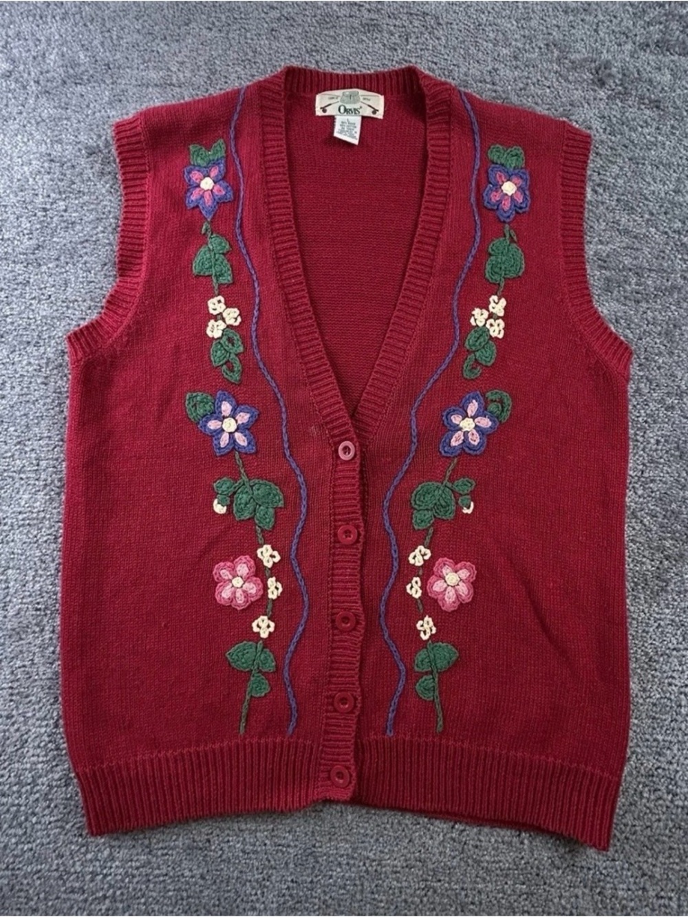 Orvis Sweater Vest L Embroidered Floral Ramie Hong Kong Granny Cottage Vtg 90s - Picture 1 of 8